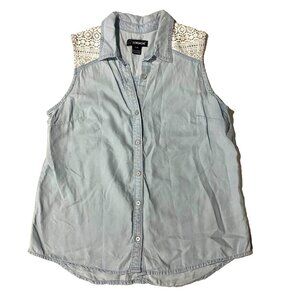 JORDACHE Tencel Button Up Shirt Blue L Lace Boho Cottagecore Western Romantic